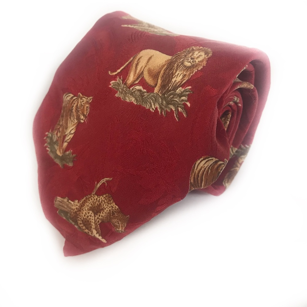Vintage Endangered Species Tie Red Lion Print Silk